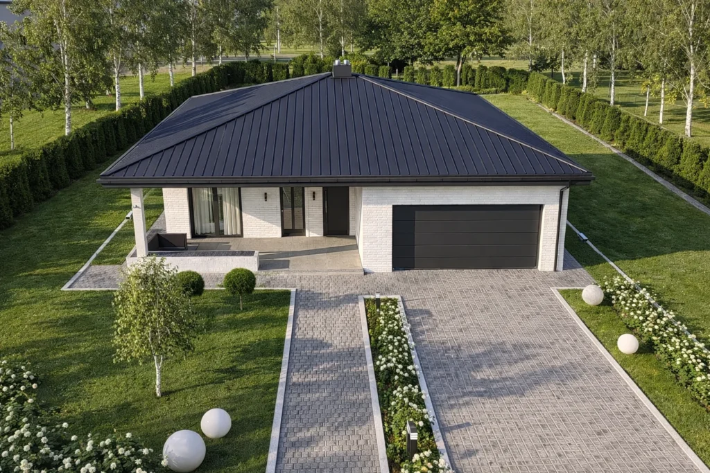 Brzoza Spokojna — widok bryły domu parterowego od strony ogrodu