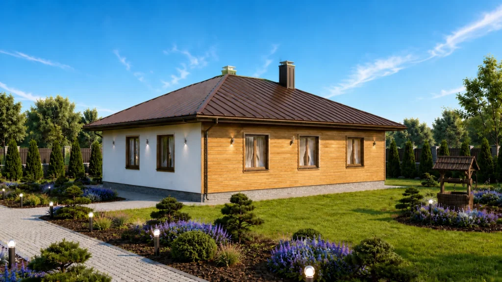 Dąbrówka Tenora — widok bryły domu parterowego od strony ogrodu z tarasem