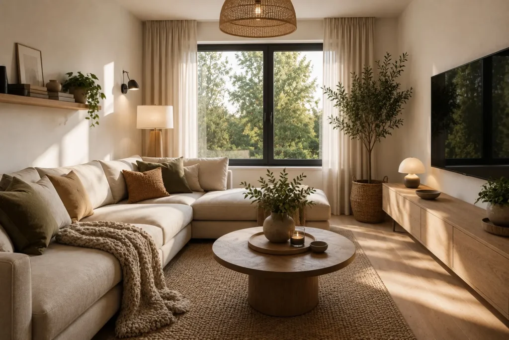 Nowoczesny salon z drewnianymi meblami, beżową sofą i naturalnymi dodatkami