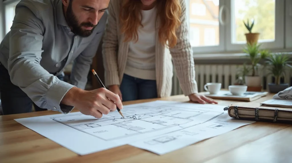 Architekt omawia rzut pralni i pomieszczenia gospodarczego z inwestorami przy stole