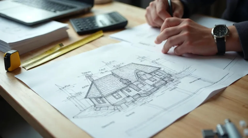Biurko z projektem domu, kalkulatorem i miarką w świetle dziennym